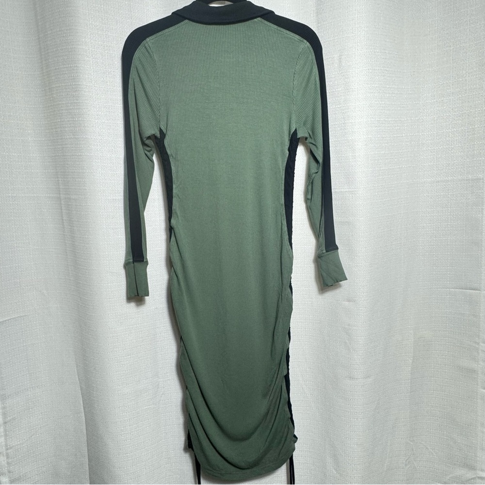 Daily Practice Sage Green Ruched Bodycon Midi Dress Collared Ribbed Drawstring M - Picture 2 of 8